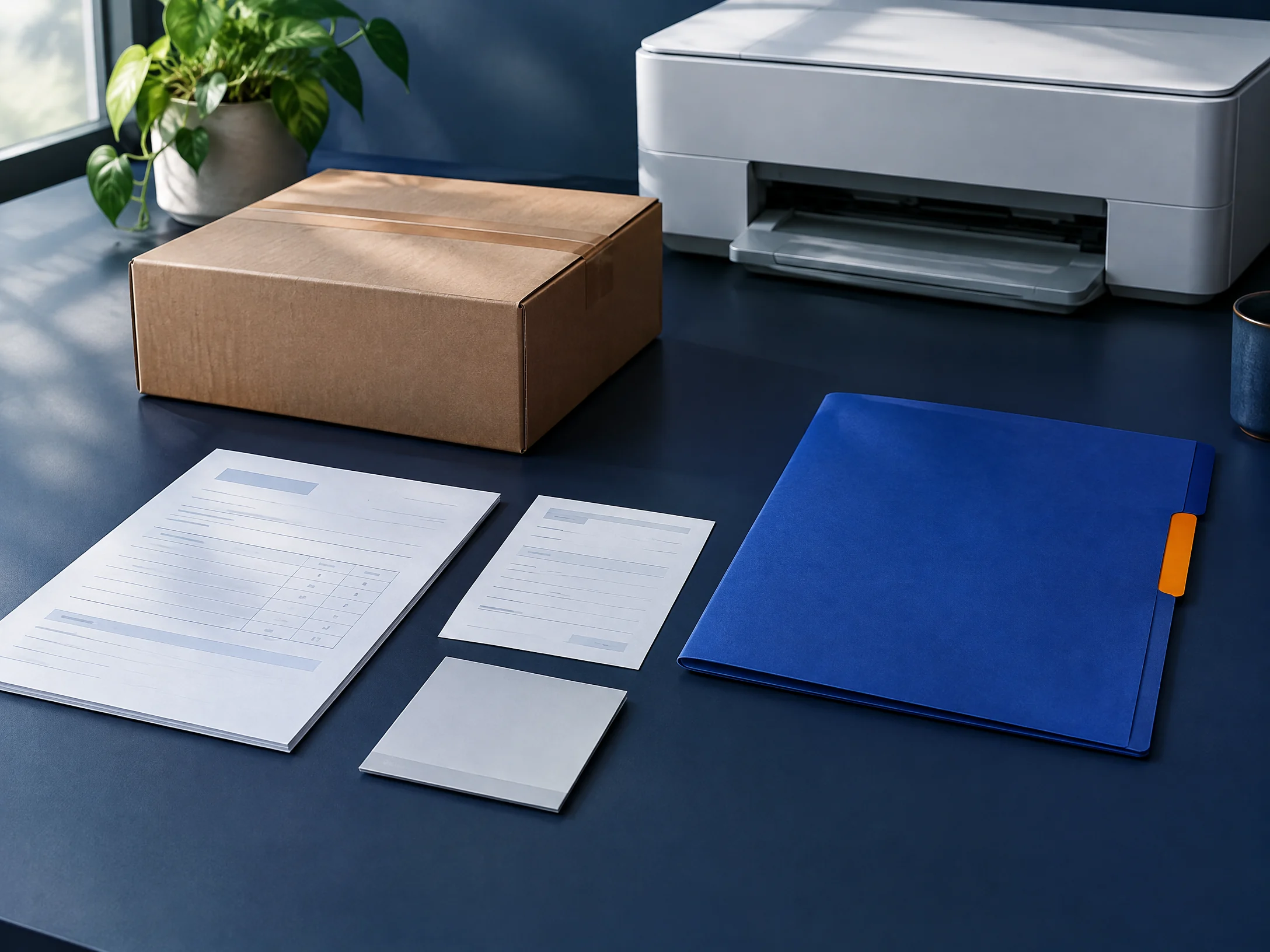 Printer order documents, parcel, and policy folder arranged for review