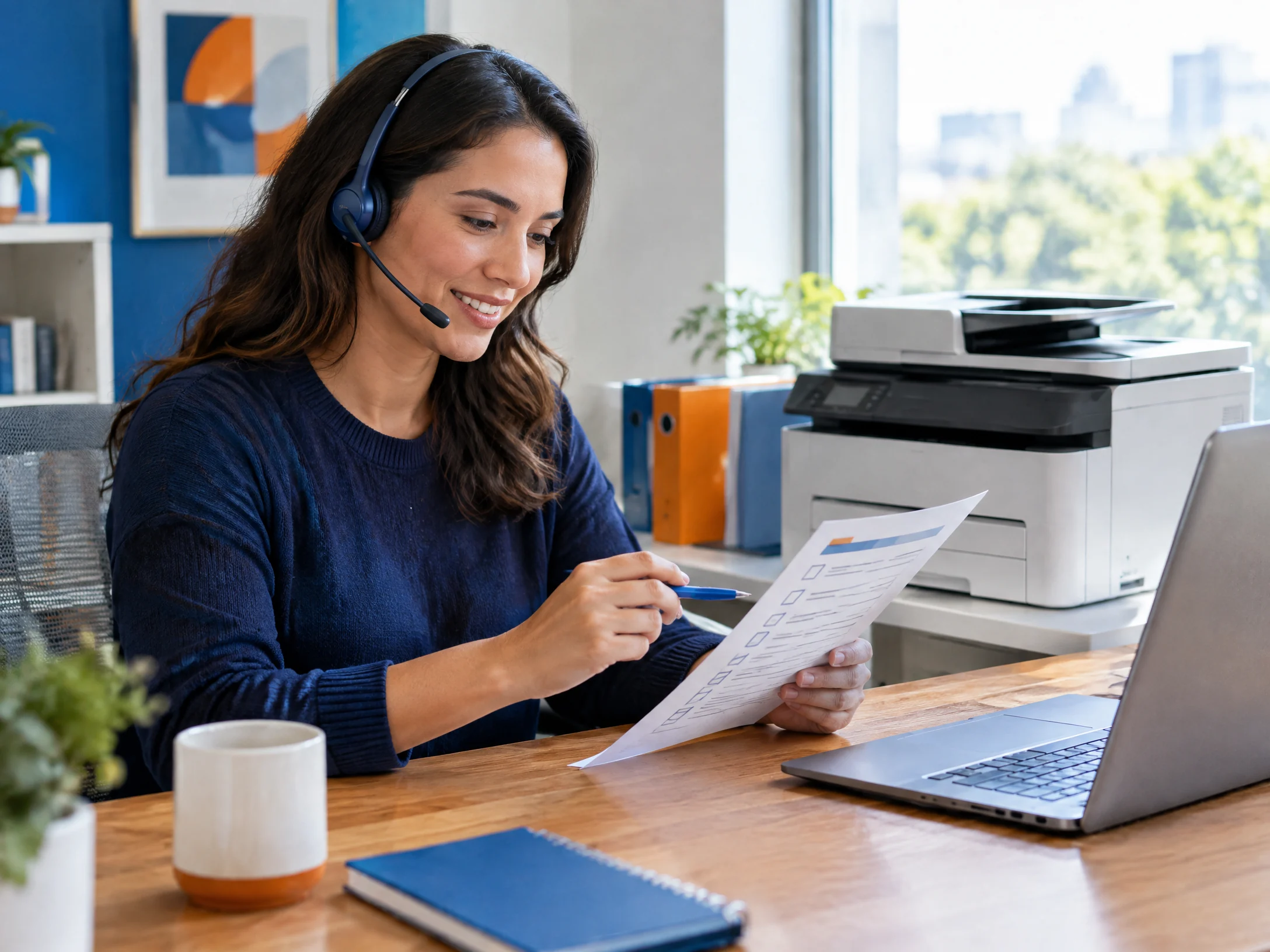 Customer support specialist reviewing a printer service checklist